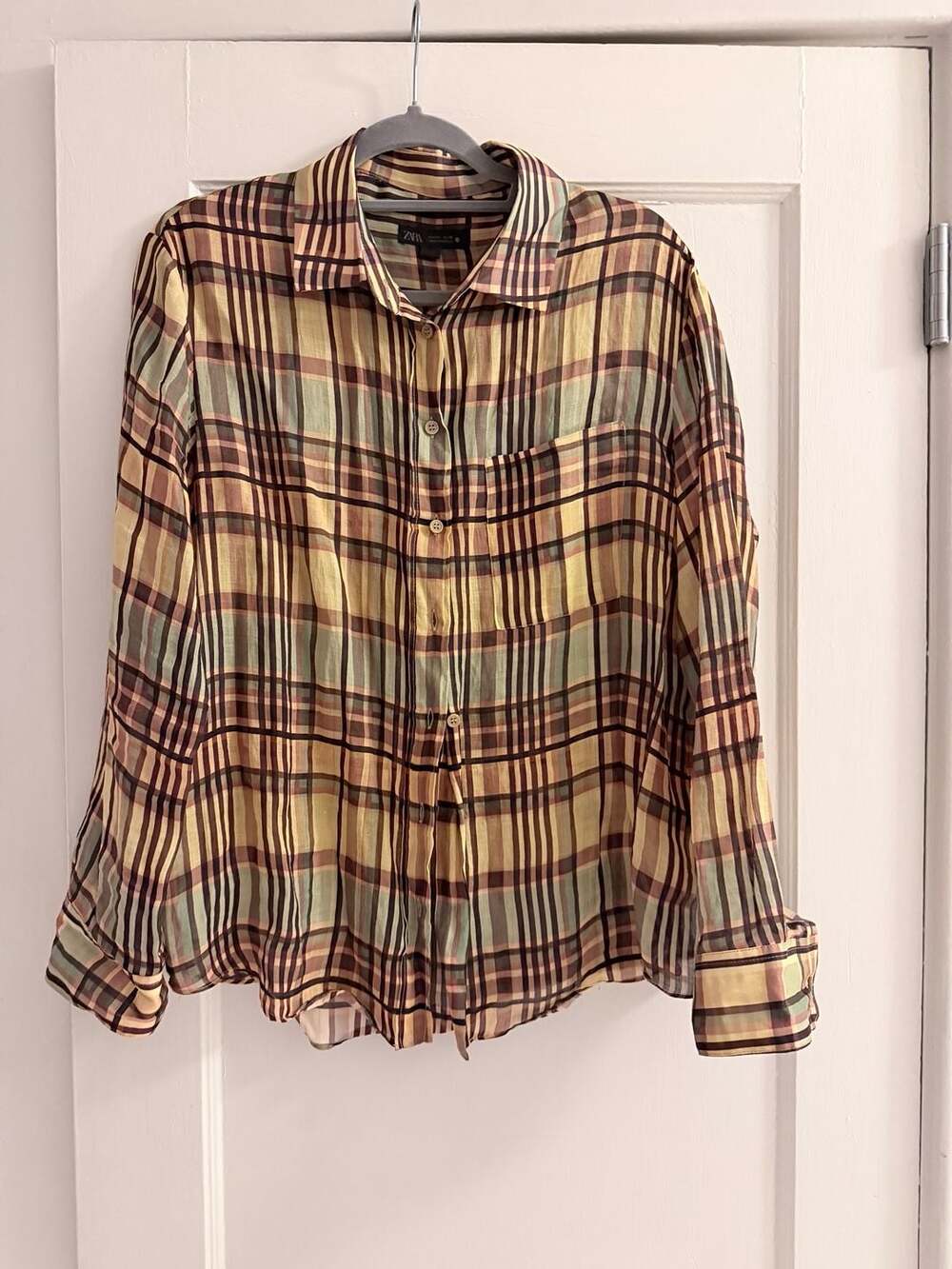Zara Women's Sheer Plaid Long Sleeve Button-Down Shirt